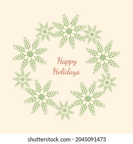 Christmas wreath of cute, green snowflakes on a pastel background. Vector illustration with place for text. Suitable for greeting card, invitation, banner, poster, background,  photo, date of saving