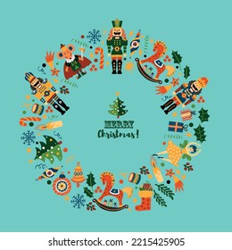 Christmas wreath with cute motifs from the ballet  Nutcracker.  Vector template. Retro design.