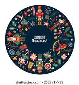 Christmas wreath with cute motifs from the ballet Nutcracker. Vector template. Retro design.