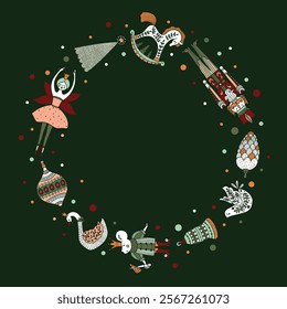 Christmas wreath with cute motifs from the ballet Nutcracker. Vector template. Retro design.