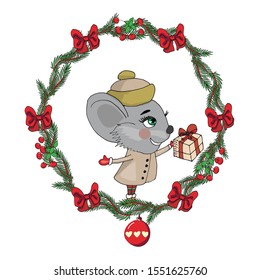 
Christmas wreath with a cute mouse in the center in doodle style on a white background
