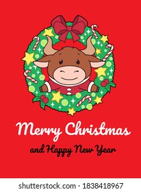Christmas wreath with cute ox. Hand drawn vector illustration for greeting card. Isolated on red background. 