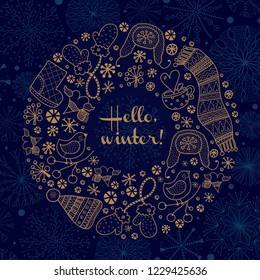 Christmas wreath. Cute winter motif. Gold line postcard.
