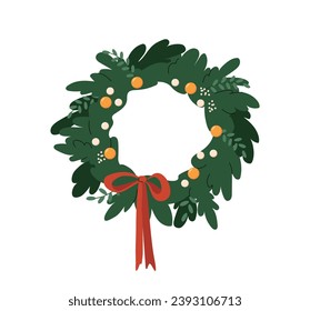 Christmas wreath decor concept. Decorative element for winter holidays and New Year. Noel Eve. Evergreen branches with red bow. Cartoon flat vector illustration isolated on white background