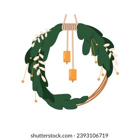 Christmas wreath decor concept. Decorative element for winter holidays and New Year. Noel Eve. Evergreen branches with toys. Cartoon flat vector illustration isolated on white background