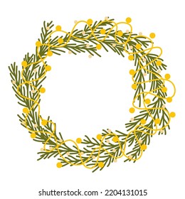 Christmas wreath. Decor for New Year Christmas and holiday. Wreath with holly berries, mistletoe, pine and fir branches, cones, rowan berries. Hand drawn illustration isolated on the white background