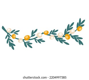 Christmas wreath. Decor for New Year Christmas and holiday. Wreath with holly berries, mistletoe, pine and fir branches, cones, rowan berries. Hand drawn illustration isolated on the white background