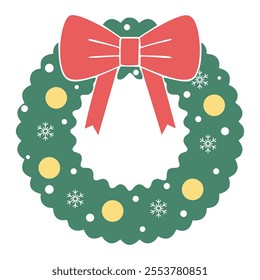 Christmas wreath with decor and snowflakes, with a red bow. Christmas tree decoration. Festive winter frame. Transparent background in vector file. Vector illustration