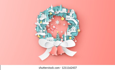 Christmas wreath decorate with village, snowman, Santa Claus, animals, bell, ball, ribbon, snowflake, sock and Christmas tree. Christmas wreath design. paper cut and craft design. vector,illustration.