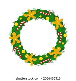 Christmas wreath decorated with balls, candy and gingerman. Vector illustration