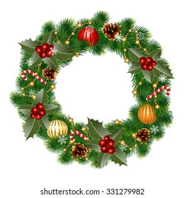 Christmas wreath decorated with balls and decorative elements. vector illustration