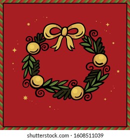 Christmas wreath decorated with balls and ribbon. Bright winter template for a greeting card or holiday decoration