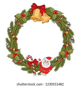 Christmas wreath decorated with bells, bows, garland and Santa Claus. Vector illustration.