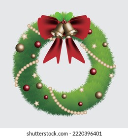 Christmas wreath decorated with bells and ribbon with holly