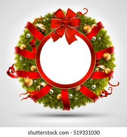 Christmas wreath decorated with branches fir, balls, ribbons and bow