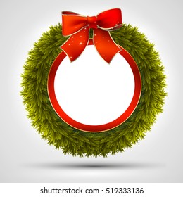 Christmas wreath decorated with branches fir, ribbons and bow