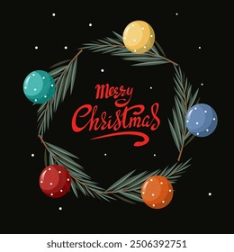 Christmas wreath decorated bright balls with Merry Christmas lettering on dark background, Christmas traditional vector illustration. Vector illustration