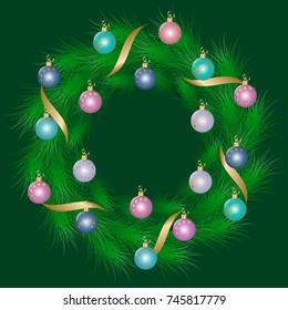 Christmas wreath decorated colorful christmas balls and golden ribbons. Vector illustration EPS10