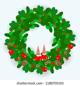 Christmas wreath decorated with cones of a fir-tree and pine, red berries and gnomes. Vector illustration EPS10