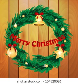 christmas wreath decorated with fir toys on the background of wooden boards.vector