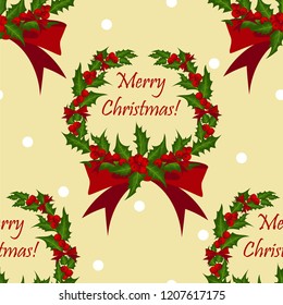 Christmas wreath decorated with holly berries branches and red ribbons seamless pattern on yellow background with white dots. Design for winter holidays greeting season wrapping papers etc. 