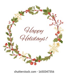 Christmas wreath decorated with holly and berries and happy winter holidays vector illustration. Mistletoe christmas wreath isolated on white.