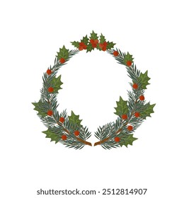 A coroa de Natal decorou bagas de azevinho. Os ramos da árvore de Natal estão decorados com flores vermelhas de visco. Ilustração de vetor tradicional de Natal com ilustração de vetor