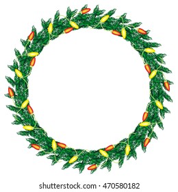 Christmas wreath decorated with light garlands. Design element for Christmas decorations, greetings cards and other design artworks. Vector clip art.
