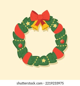 Christmas wreath is decorated with red bow, ribbon, bells, stars, decorative balls and garlands. Vector flat illustration isolated on white background.