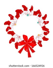Christmas Wreath Decorated with Red Checked Christmas Stocking Decorated with Red and Golden Stars, Sign for Christmas Celebration Isolated on White Background. 