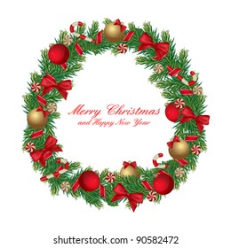 Christmas wreath decorated with ribbon, balls and candies isolated on white. Vector eps 10.