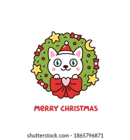 Christmas wreath decorated with stars, moon, bow and candy. Cute cartoon cat in Santa hat. Text: Merry Christmas! It can be used for greeting card, poster, mug and other design.