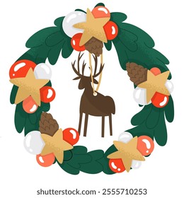 Christmas wreath decorated with Christmas tree balls, decorative stars and wooden deer. Symbol of winter holidays for decorating doors and interiors. Vector illustration