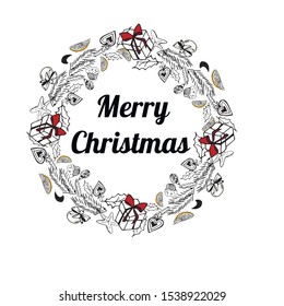 Christmas wreath for decorating greeting cards and invitations, inked with ink. With elements gifts, tangerines and other doodle patterns, vector