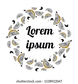 Christmas wreath for decorating greeting cards and invitations, inked with ink. With elements tangerine and orange slices, doodle patterns, vector