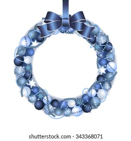 Christmas Wreath Decoration From Blue And Silver Christmas Balls With Blue Bow Knot. Vector Illustration