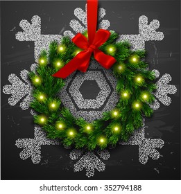 Christmas wreath with decoration.  card with snowflake