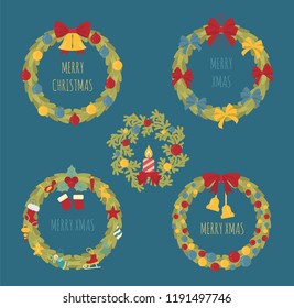Christmas wreath, decoration elements set for  holiday greeting card, poster design. Vector illustration