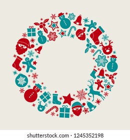 Christmas wreath with decoration and festive elements. Vector.