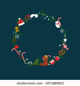 Christmas Wreath Decoration Frame With Christmas Theme Items Illustration On Dark Blue Background, Candy Cane, Snowman, Christmas Tree, Santa Hat Seasons Greetings Card Template