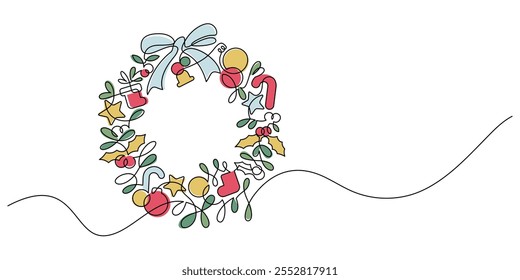 christmas wreath decoration hanger one line continuous drawing hand drawn minimalism. holiday fir tree garland greeting festive season thin line illustration