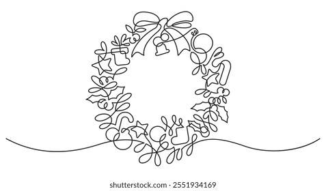 christmas wreath decoration hanging one line continuous drawing hand drawn minimalism. holiday fir tree garland greeting festive season thin line illustration