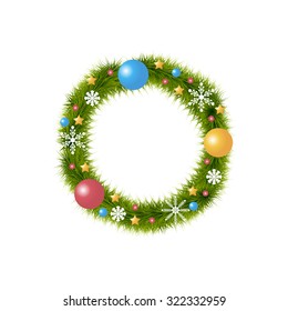 Christmas wreath with decoration on white background. Vector illustration