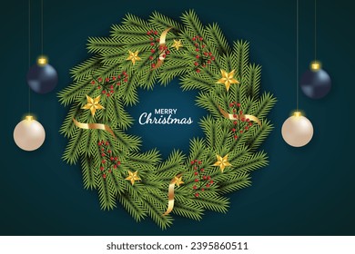 Christmas wreath decoration with pine branch,christmas ball and christmas element Vector illustration