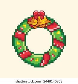 Christmas wreath decoration in pixel art style illustration