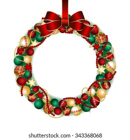 Christmas wreath decoration from red and gold Christmas Balls with red bow knot. Vector illustration