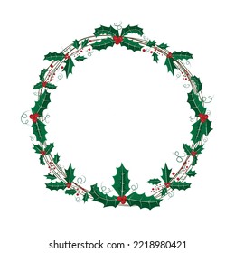 Christmas wreath for decoration, Christmas round frame with holly leaves,