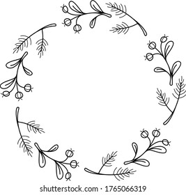 A Christmas wreath decoration ,round vector frame in outlines 