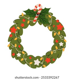 Christmas wreath with decorations, berries, dried fruits, bows, garland, candy canes, pine cone. Winter floral collection. Vector flat illustration of winter holiday isolated on white background