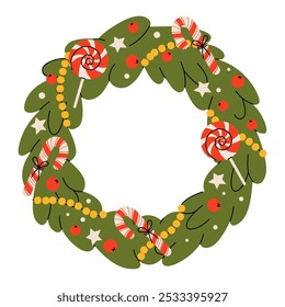 Christmas wreath with decorations, berries, dried fruits, bows, garland, candy canes, pine cone. Winter floral collection. Vector flat illustration of winter holiday isolated on white background